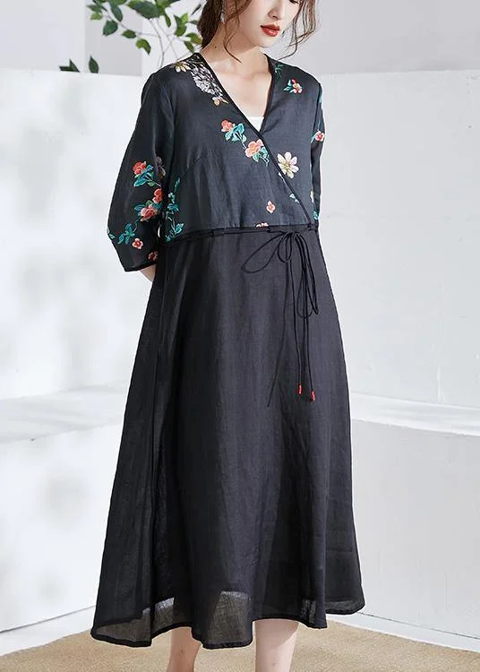 Italian Black Tie Waist Patchwork Print Summer Ramie Shirts White Linen Shirt