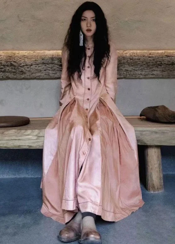 Women Pink Wrinkled Pockets Cotton Shirts Long Dresses Fall Short Sleeve Shirt Dress