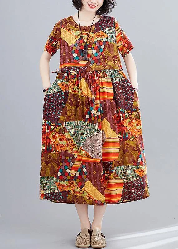 Women yellow print Long Shirts o neck Cinched A Line Dress Floral Shirt Dress