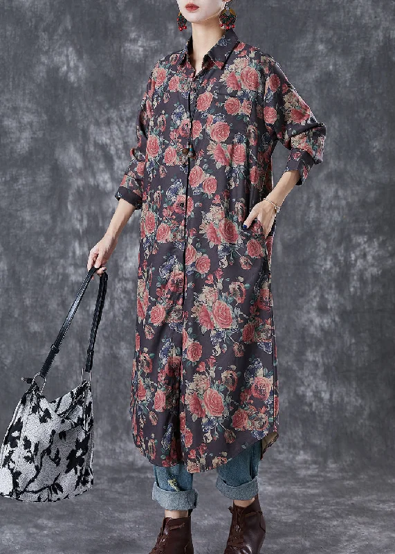 French Black Oversized Rose Print Cotton Shirt Dresses Fall Sexy Shirt Gown
