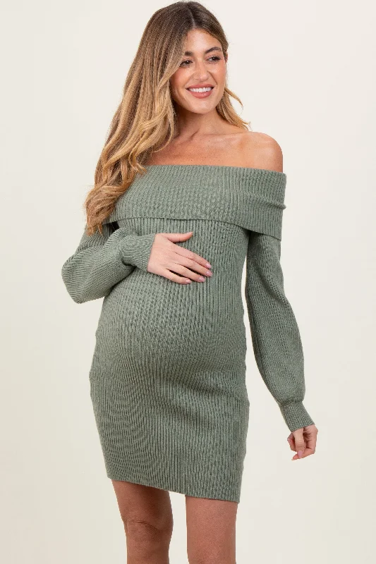 Light Olive Off Shoulder Balloon Sleeve Maternity Mini Sweater Dress Warm Knit Sweater