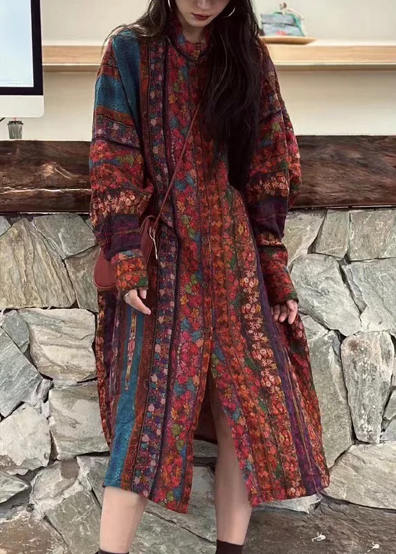 Loose Button Print Patchwork Linen Shirt Dress Long Sleeve Relaxed Shirt Gown
