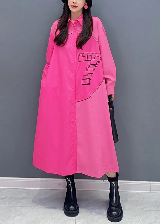 Loose Rose Button Print Patchwork Cotton Shirts Dress Spring Elegant Shirt Gown