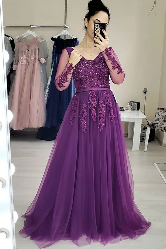 Long Sleeves Purple Tulle Prom Dresses Lace Applique Long Formal Gown GP104