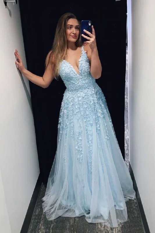 A-Line V-Neck Sleeveless Light Sky Blue Prom Dresses With Applique GP85