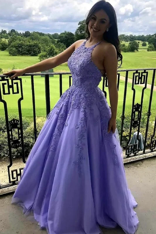 Lace Appliques Lavender Long Prom Dress, Halter A Line Graduation Evening Dress GP141