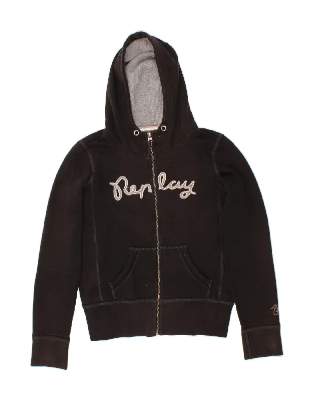 REPLAY Womens Zip Hoodie Sweater UK 14 Medium Black Cotton Premium sweaters
