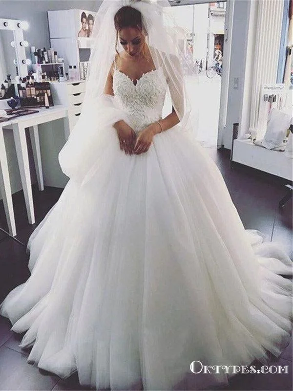 Romantic Ball Gown Sweetheart White Tulle Wedding Dresses with Appliques, TYP1946 Lace Wedding Gown