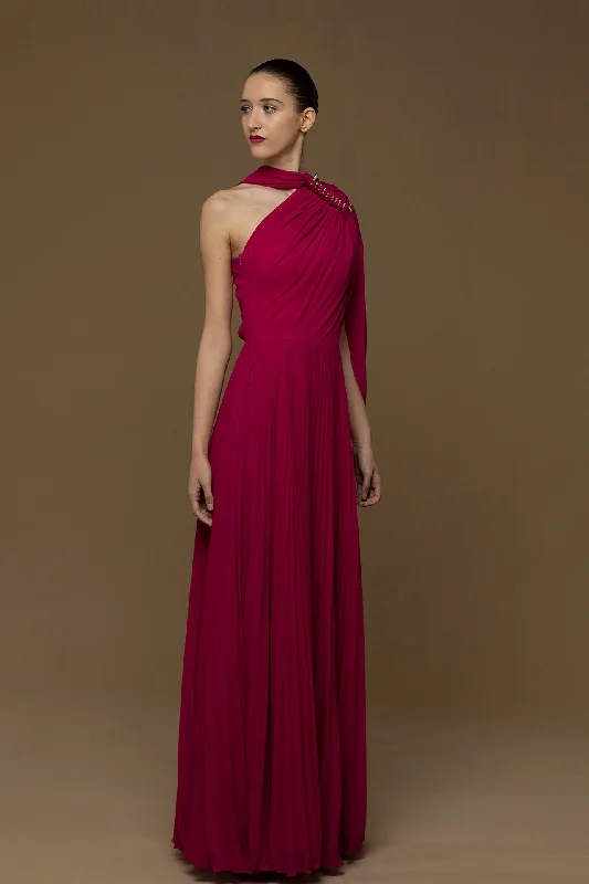 Asymmetrical neckline draped bodice pleated gown Vacation unclassified dresses