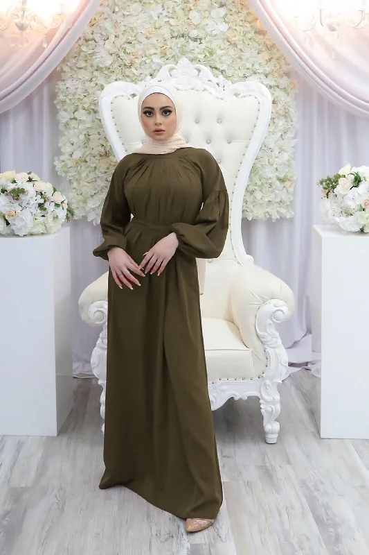 Deluxe Soft Balloon Sleeve Dress- Army Velvet unclassified dresses