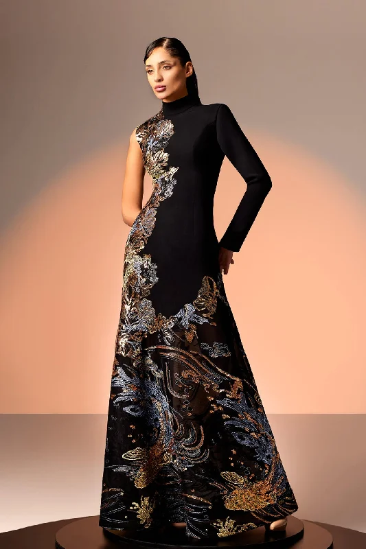 High neck crepe embroidery dress Embroidered unclassified dresses