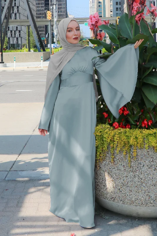 LaMeera Drape Sleeves Satin Dress - Mint Gray Dark color unclassified dresses