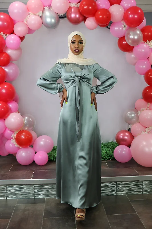 LaMeera Tie Front Satin Dress - Mint Gray Monochrome unclassified dresses
