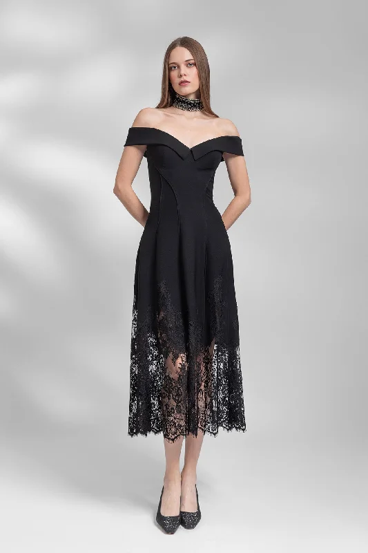 Off shoulder crepe dress with binding seams Satin unclassified dresses