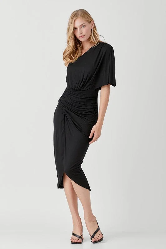 ONE SHOULDER DRAPE JERSEY DRESS, Mustard Seed High-low unclassified dresses