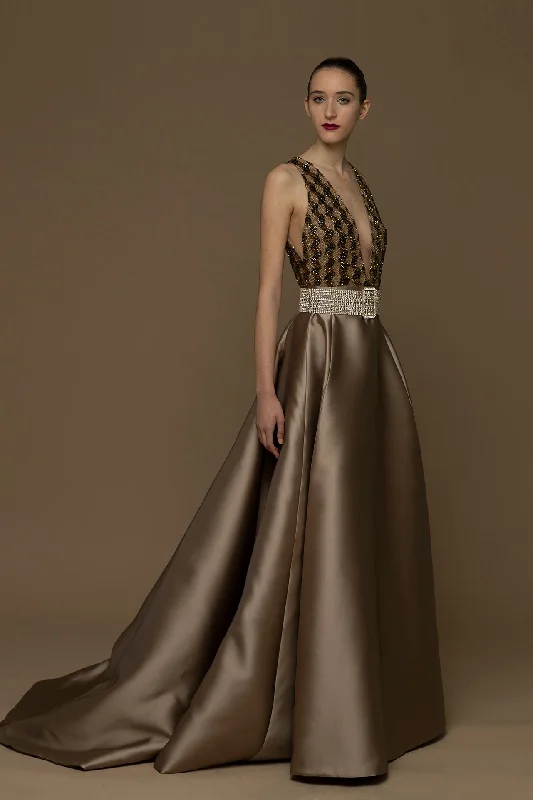 Plunging neckline sweep train dress featuring fully beaded belt Long sleeve unclassified dresses