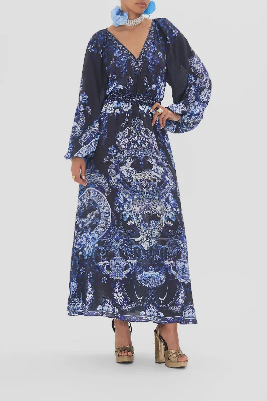 Raglan Shirred Waist Dress - Delft Dynasty Ruched unclassified dresses