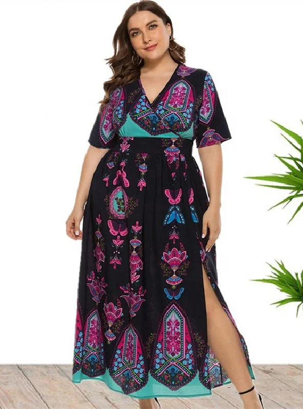 Bohemian Printed Short Sleeve Long Dress Cheap floral dresses