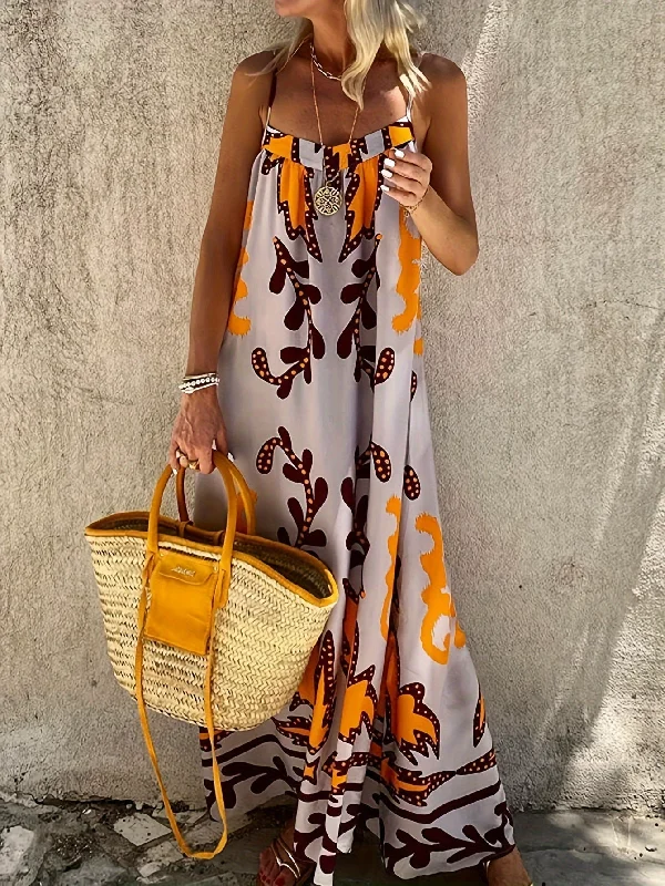 Ethnic Pattern Print Cami Dress, Vacation Tie Backless Sleeveless Dress Versatile floral dresses for all occasions