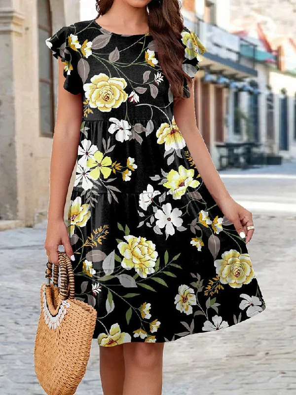 Floral Print Ruffles Cake Knitted Short Sleeve O Neck Casual Loose Dress Romantic floral dresses