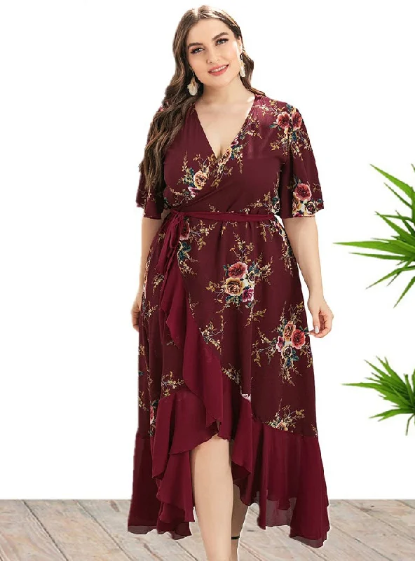V-neck Ruffled Irregular Printed Dress Best floral dresses for tall women