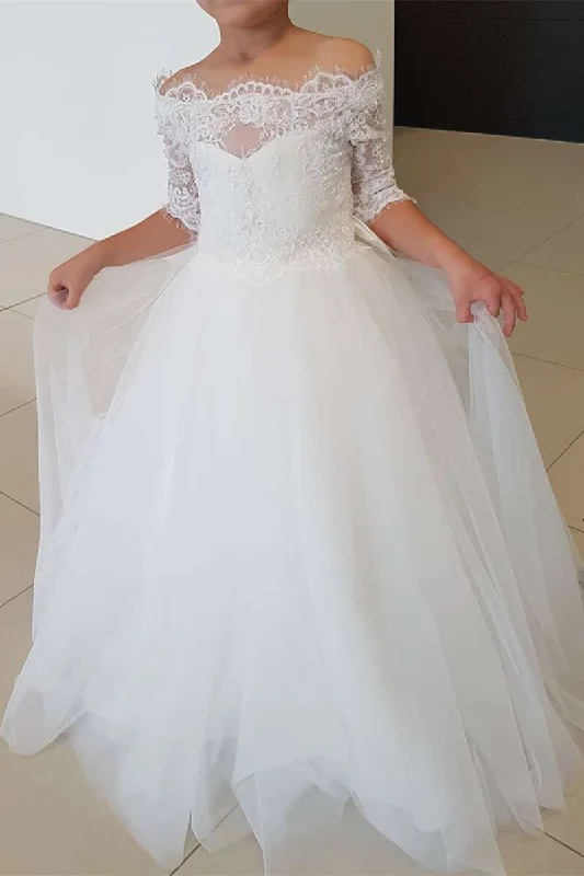 White Off-the-Shoulder Lace Bow-Back A-Line Flower Girl Dress Lace Dress for Weddings
