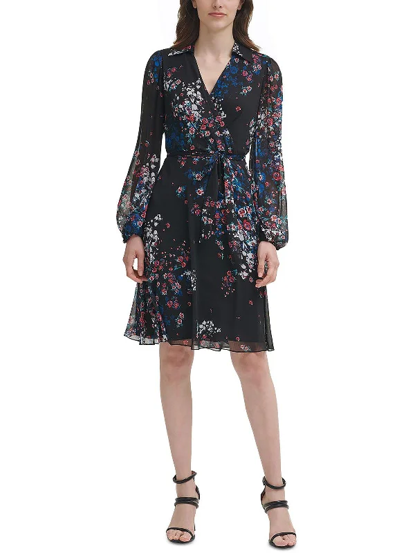 Womens Floral Print Wrap Midi Fit & Flare Dress Elegant Midi Skirt